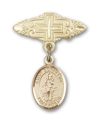 Pin Badge with St. Cornelius Charm and Badge Pin with Cross - Gold Tone