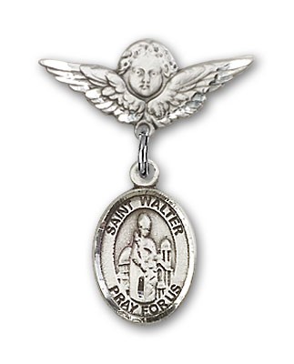 Pin Badge with St. Walter of Pontnoise Charm and Angel with Smaller Wings Badge Pin - Silver tone