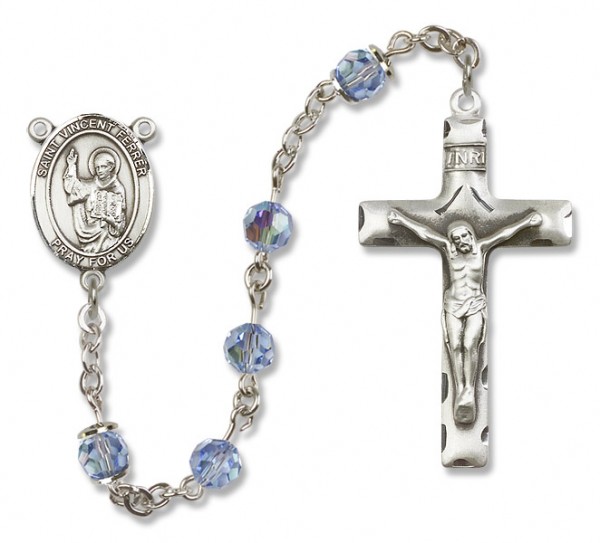 St. Vincent Ferrer Sterling Silver Heirloom Rosary Squared Crucifix - Light Sapphire