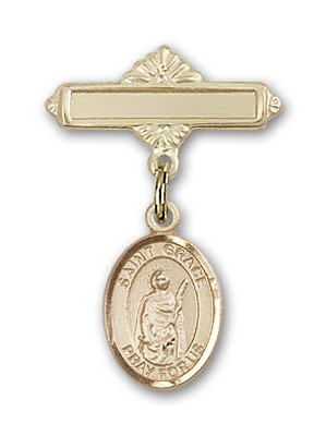 Pin Badge with St. Grace Charm and Polished Engravable Badge Pin - 14K Solid Gold