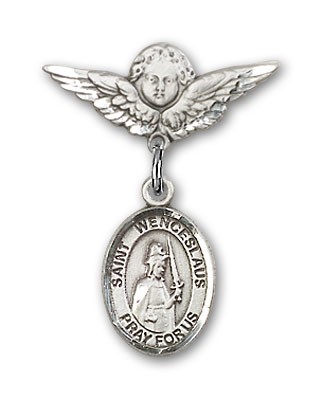 Pin Badge with St. Wenceslaus Charm and Angel with Smaller Wings Badge Pin - Silver tone
