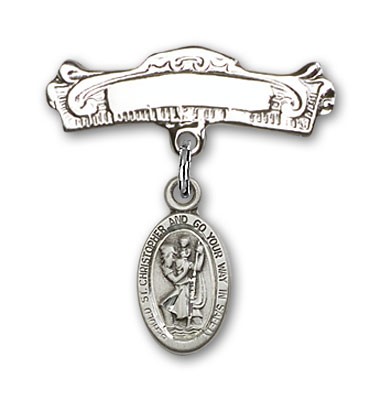 Pin Badge with St. Christopher Charm and Arched Polished Engravable Badge Pin - Sterling Silver