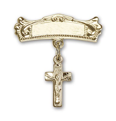 Pin Badge with Crucifix Charm and Arched Polished Engravable Badge Pin - 14K Solid Gold