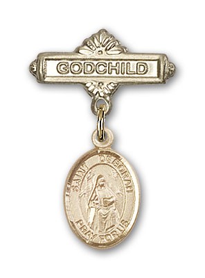 Pin Badge with St. Deborah Charm and Godchild Badge Pin - 14K Solid Gold