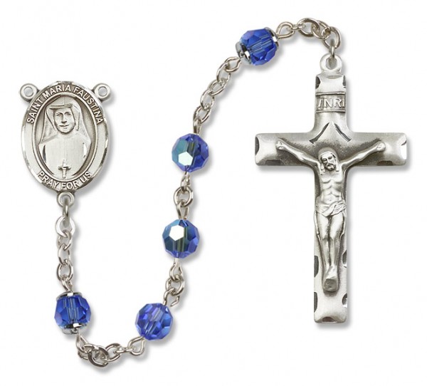 St. Maria Faustina Sterling Silver Heirloom Rosary Squared Crucifix - Sapphire