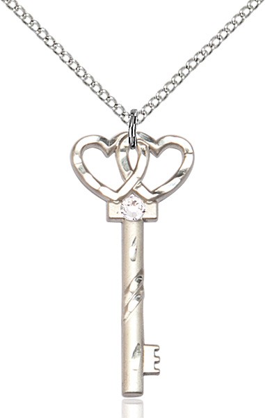 Small Key with Double Heart Pendant and Birthstone - Crystal
