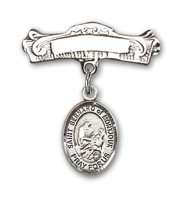 Pin Badge with St. Bernard of Montjoux Charm and Arched Polished Engravable Badge Pin - Silver tone