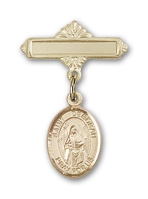 Pin Badge with St. Deborah Charm and Polished Engravable Badge Pin - 14K Solid Gold
