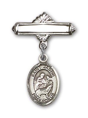 Pin Badge with St. Jason Charm and Polished Engravable Badge Pin - Silver tone