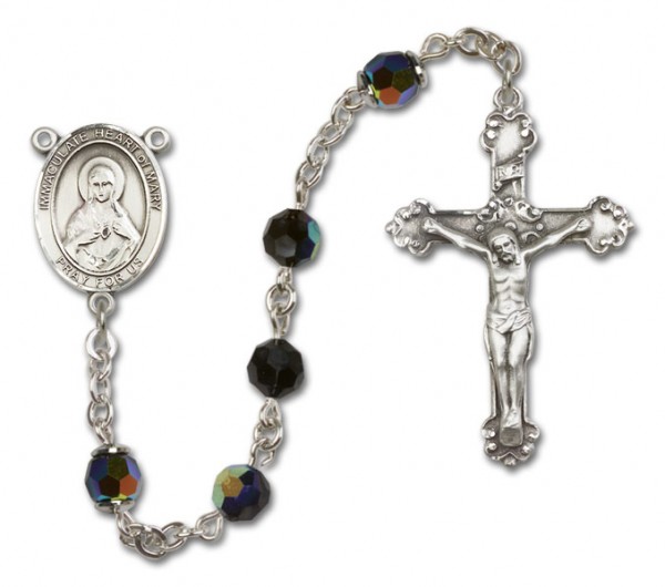 Immaculate Heart of Mary Sterling Silver Heirloom Rosary Fancy Crucifix - Black