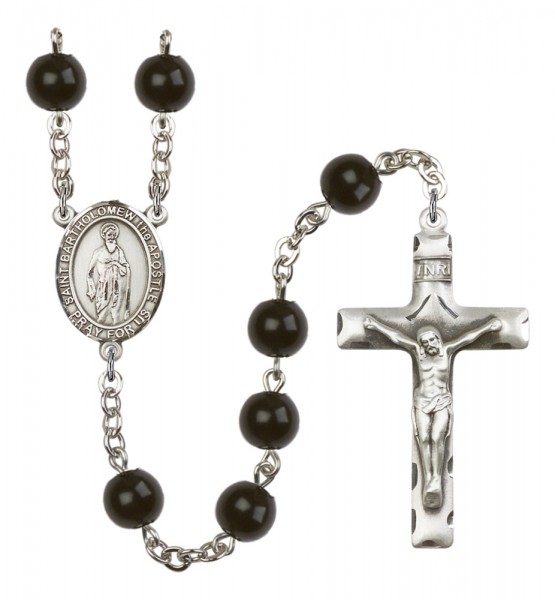 Men's St. Bartholome with the Apostle Silver Plated Rosary - Black