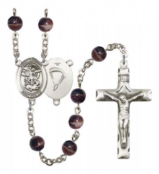 Men's St. Michael Paratrooper Silver Plated Rosary - Brown