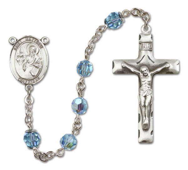 St. Matthew the Apostle Sterling Silver Heirloom Rosary Squared Crucifix - Aqua