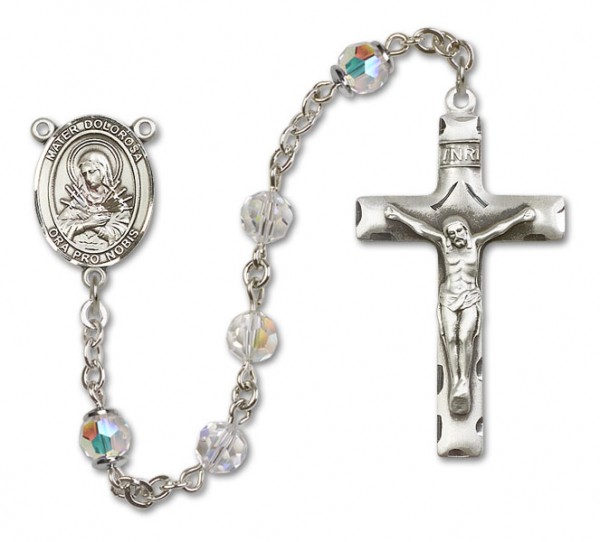 Mater Dolorosa Rosary Our Lady of Mercy Sterling Silver Heirloom Rosary Squared Crucifix - Crystal