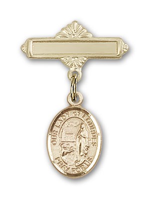 Pin Badge with Our Lady of Lourdes Charm and Polished Engravable Badge Pin - 14K Solid Gold