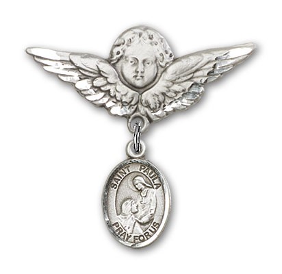 Pin Badge with St. Paula Charm and Angel with Larger Wings Badge Pin - Silver tone