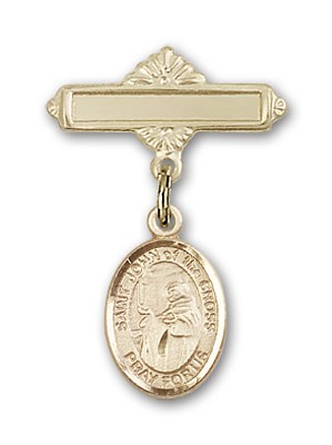 Pin Badge with St. John of the Cross Charm and Polished Engravable Badge Pin - 14K Solid Gold