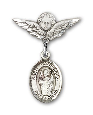 Pin Badge with St. Stanislaus Charm and Angel with Smaller Wings Badge Pin - Silver tone