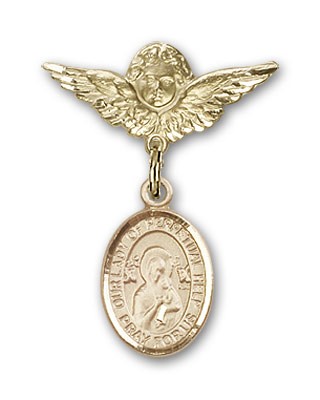 Pin Badge with Our Lady of Perpetual Help Charm and Angel with Smaller Wings Badge Pin - Gold Tone