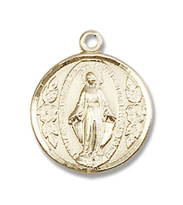Petite Miraculous Medal with Floral Leaf Accents Necklace - 14K Solid Gold