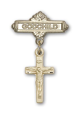 Baby Badge with Crucifix Charm and Godchild Badge Pin - 14K Solid Gold