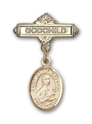 Pin Badge with St. Gemma Galgani Charm and Godchild Badge Pin - 14K Solid Gold