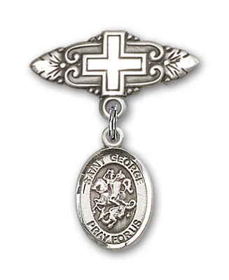 Pin Badge with St. George Charm and Badge Pin with Cross - Silver tone