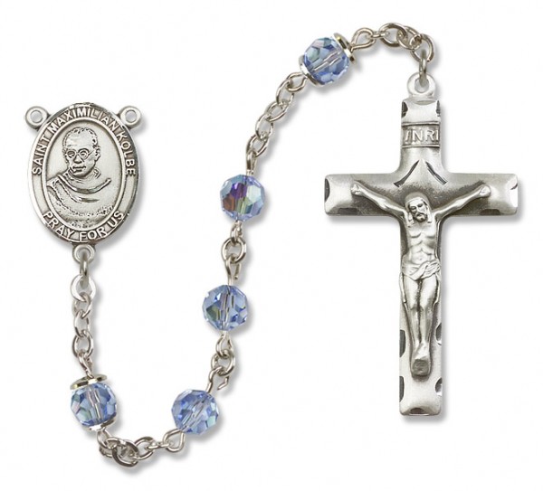 St. Maximilian Kolbe Sterling Silver Heirloom Rosary Squared Crucifix - Light Sapphire