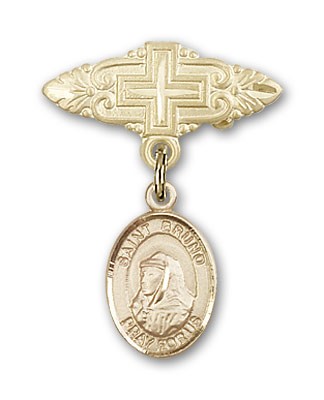 Pin Badge with St. Bruno Charm and Badge Pin with Cross - 14K Solid Gold