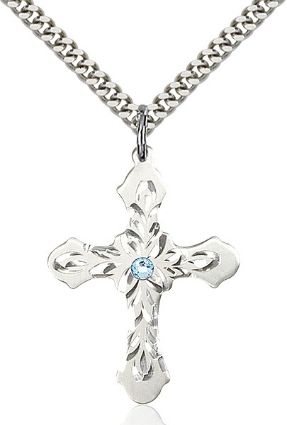 Floral and Petal Cross Pendant with Birthstone Options - Aqua