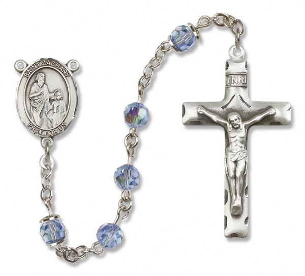 St. Zachary Sterling Silver Heirloom Rosary Squared Crucifix - Light Sapphire