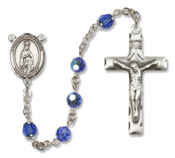 Our Lady of Fatima Sterling Silver Heirloom Rosary Squared Crucifix - Sapphire