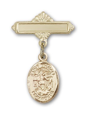 Pin Badge with St. Michael the Archangel Charm and Polished Engravable Badge Pin - Gold Tone