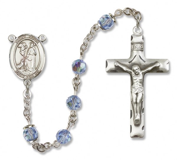 St. Roch Sterling Silver Heirloom Rosary Squared Crucifix - Light Sapphire