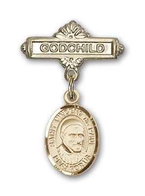 Pin Badge with St. Vincent de Paul Charm and Godchild Badge Pin - 14K Solid Gold