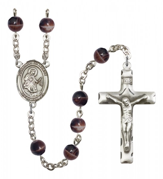 Men's Our Lady of Mercy Silver Plated Rosary - Brown