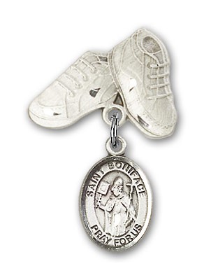 Pin Badge with St. Boniface Charm and Baby Boots Pin - Silver tone