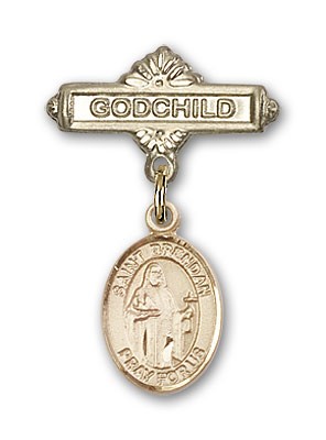 Pin Badge with St. Brendan the Navigator Charm and Godchild Badge Pin - 14K Solid Gold
