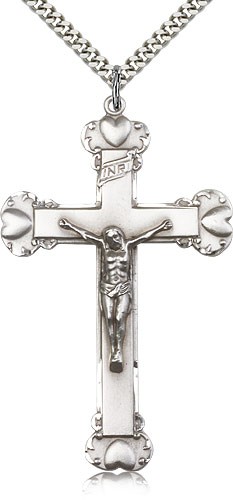 Men's Heart Tip Crucifix Pendant - Sterling Silver