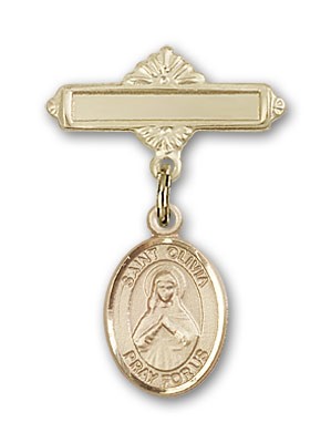 Pin Badge with St. Olivia Charm and Polished Engravable Badge Pin - 14K Solid Gold