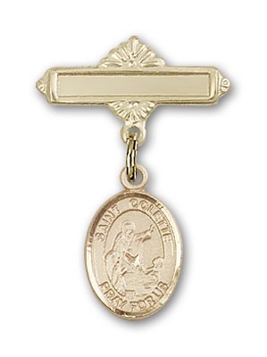 Pin Badge with St. Colette Charm and Polished Engravable Badge Pin - Gold Tone