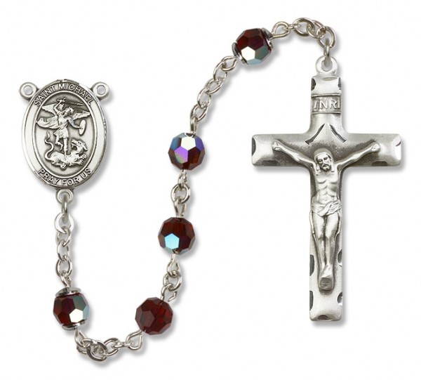 St. Michael the Archangel Sterling Silver Heirloom Rosary Squared Crucifix - Garnet