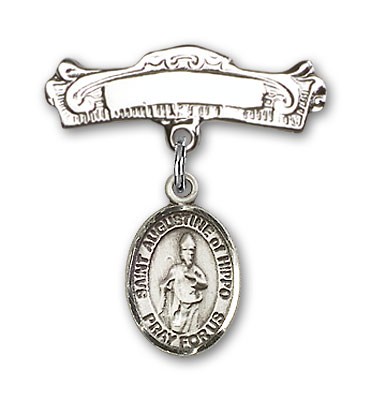 Pin Badge with St. Augustine of Hippo Charm and Arched Polished Engravable Badge Pin - Silver tone