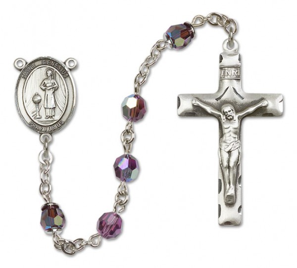 St. Genesius of Rome Sterling Silver Heirloom Rosary Squared Crucifix - Amethyst