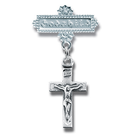 Godchild Baby Pin with Sterling Silver Crucifix Pendant - Sterling Silver