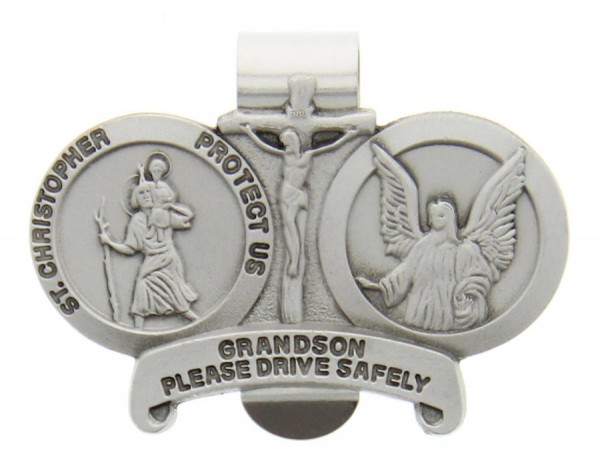 St. Christopher &amp; Guardian Angel Protect My Grandson Visor Clip, Pewter - 2 1/2&quot;W - Silver