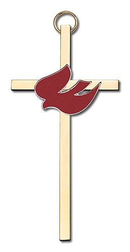 Holy Spirit Wall Cross with Red Dove 4&quot; - Gold Tone