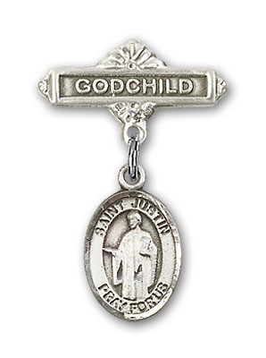 Pin Badge with St. Justin Charm and Godchild Badge Pin - Silver tone