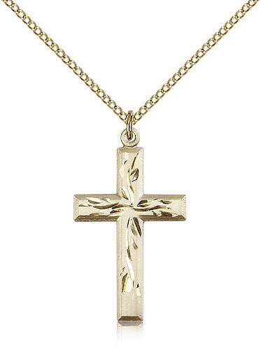 Women's Square Edge Cross with Vine Etching - 14KT Gold Filled
