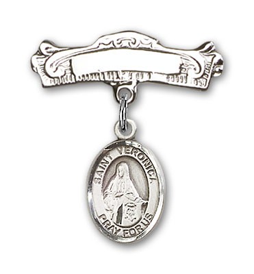 Pin Badge with St. Veronica Charm and Arched Polished Engravable Badge Pin - Silver tone